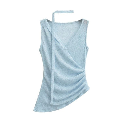 Ruched V-Neck Sleeveless Top with Sash