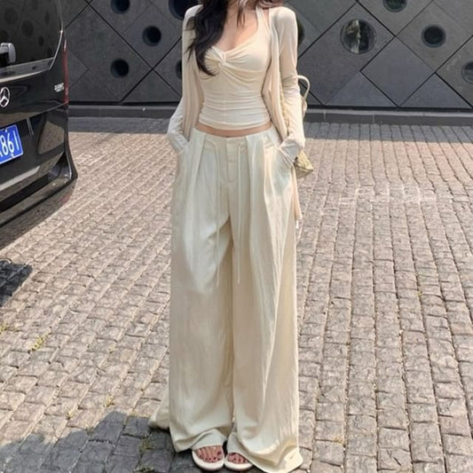 Ruched Halter Crop Top & Wide Leg Pants & Cardigan Set