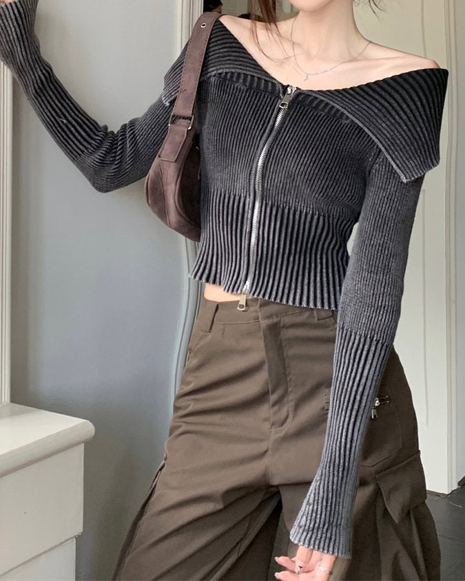 Y2K Off-Shoulder-Top mit Reißverschluss