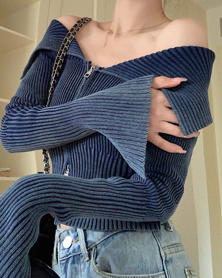 Y2K Off-Shoulder-Top mit Reißverschluss