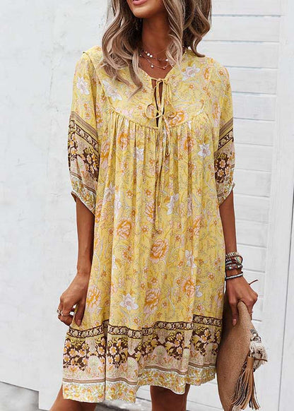 Dress Yellow Beach Print Half Sleeve Mid Tie Lace
