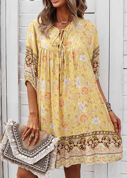 Dress Yellow Beach Print Half Sleeve Mid Tie Lace