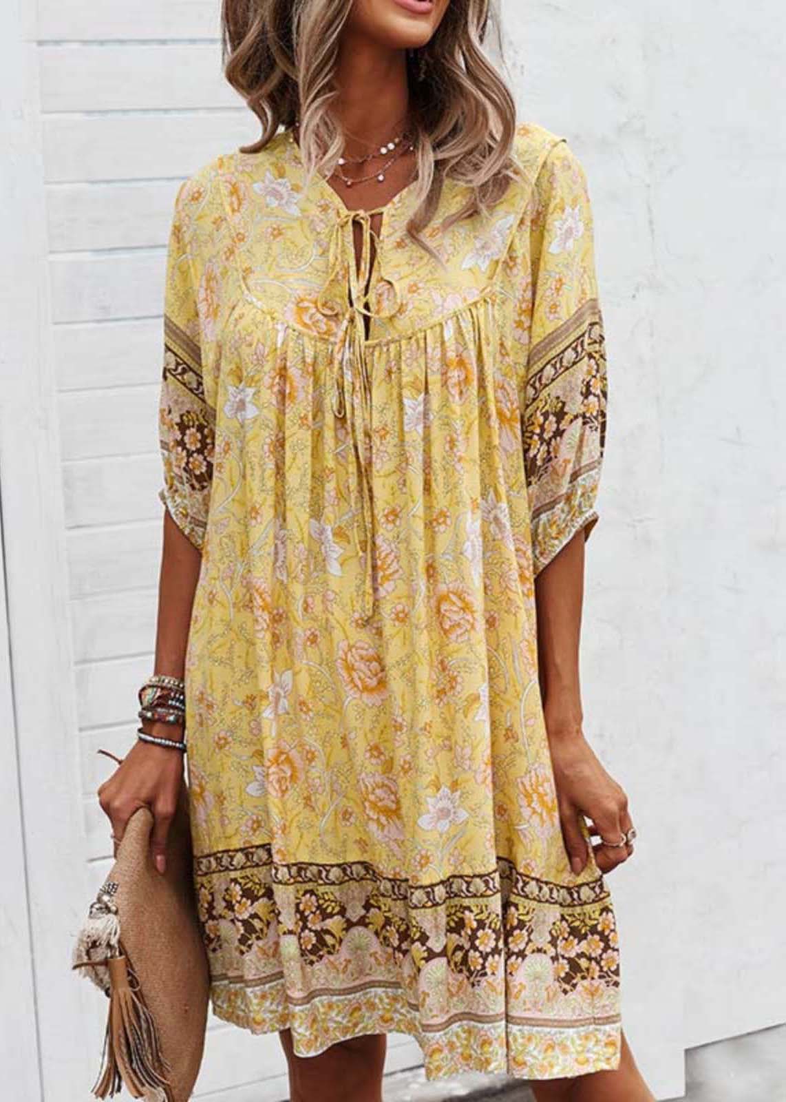 Dress Yellow Beach Print Half Sleeve Mid Tie Lace