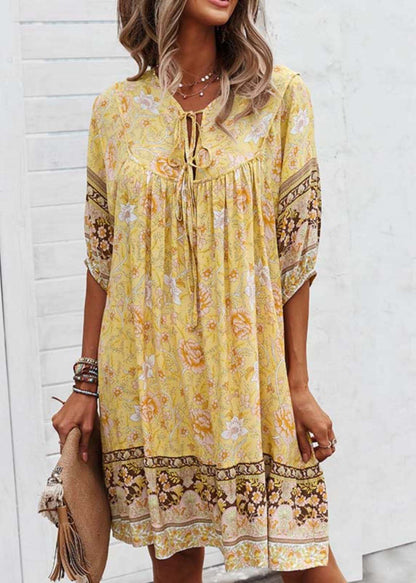 Dress Yellow Beach Print Half Sleeve Mid Tie Lace