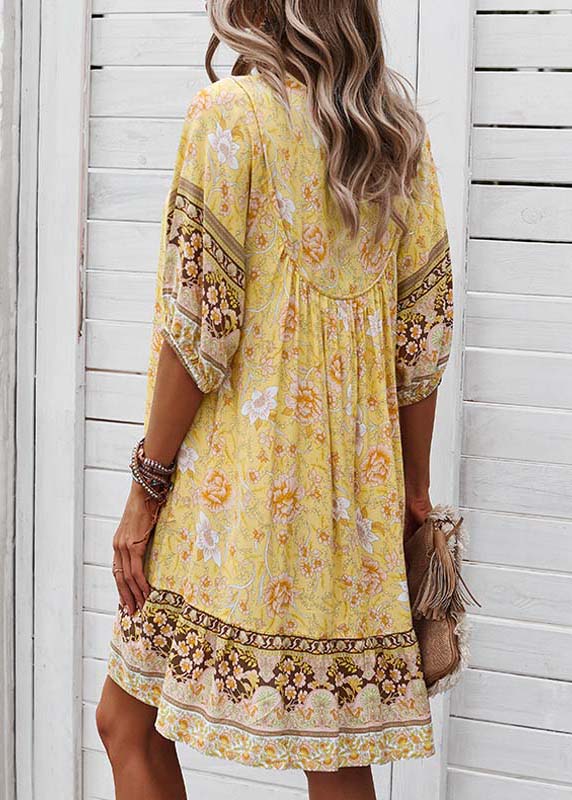 Dress Yellow Beach Print Half Sleeve Mid Tie Lace