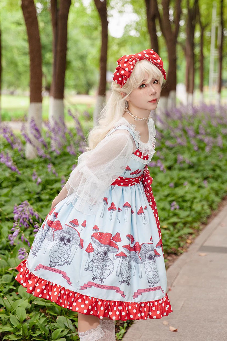Mushroom-Print Bow-Adorned Ruffled Sweet Lolita Dress in Two Colors