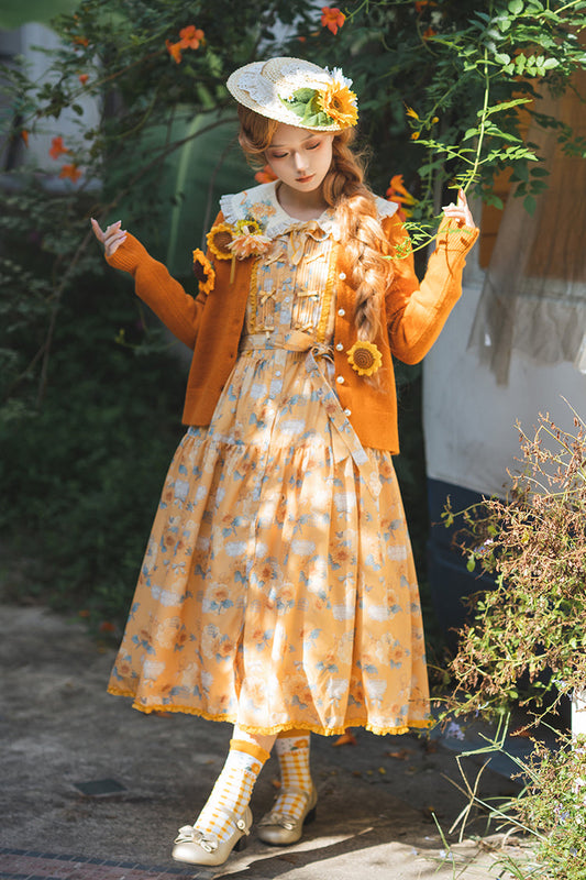 Golden Sleeveless Ruffled Bow Sunflower JSK Elegant Dress