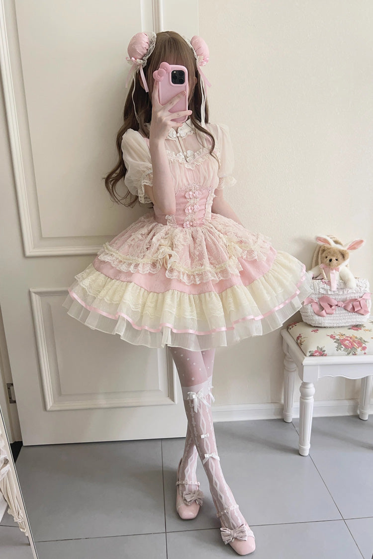 Flower Bud Halterneck Print Ruffle Lace Jsk - Chinese Ballet Lolita