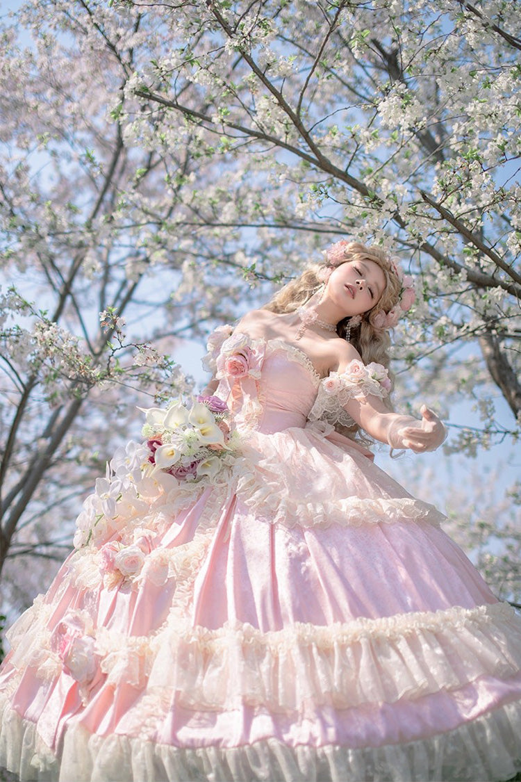 Pink Ruffle Bridal Bow Lace Sweet Princess Lolita Jumper - Love and Roses