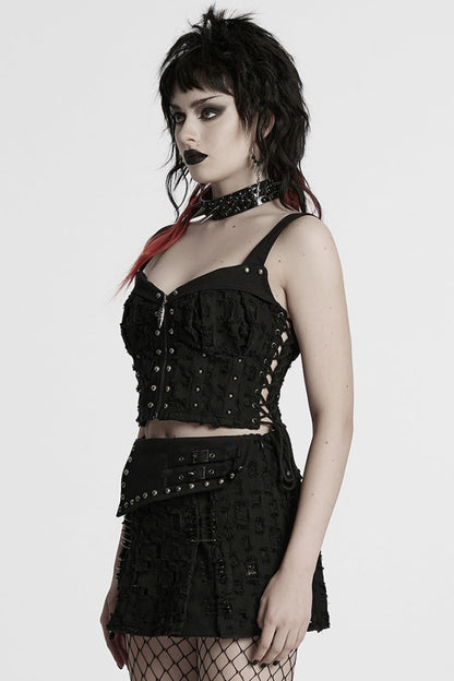 Black Punk Sleeveless Waistcoat with Rivets and Lacing - NoirEdge