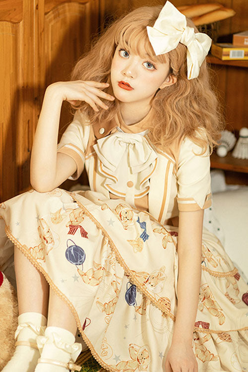 Astronaut Bunny Print Short-Sleeved Triple-Layer Sweet OP Dress