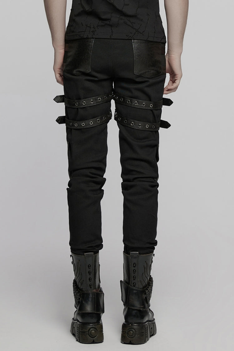 Studded Punk Pants with Buckle Straps and Mesh