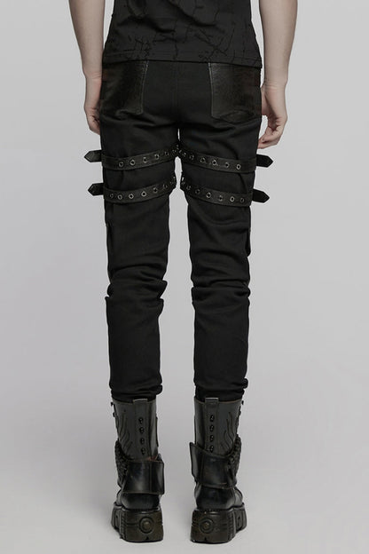 Studded Punk Pants with Buckle Straps and Mesh