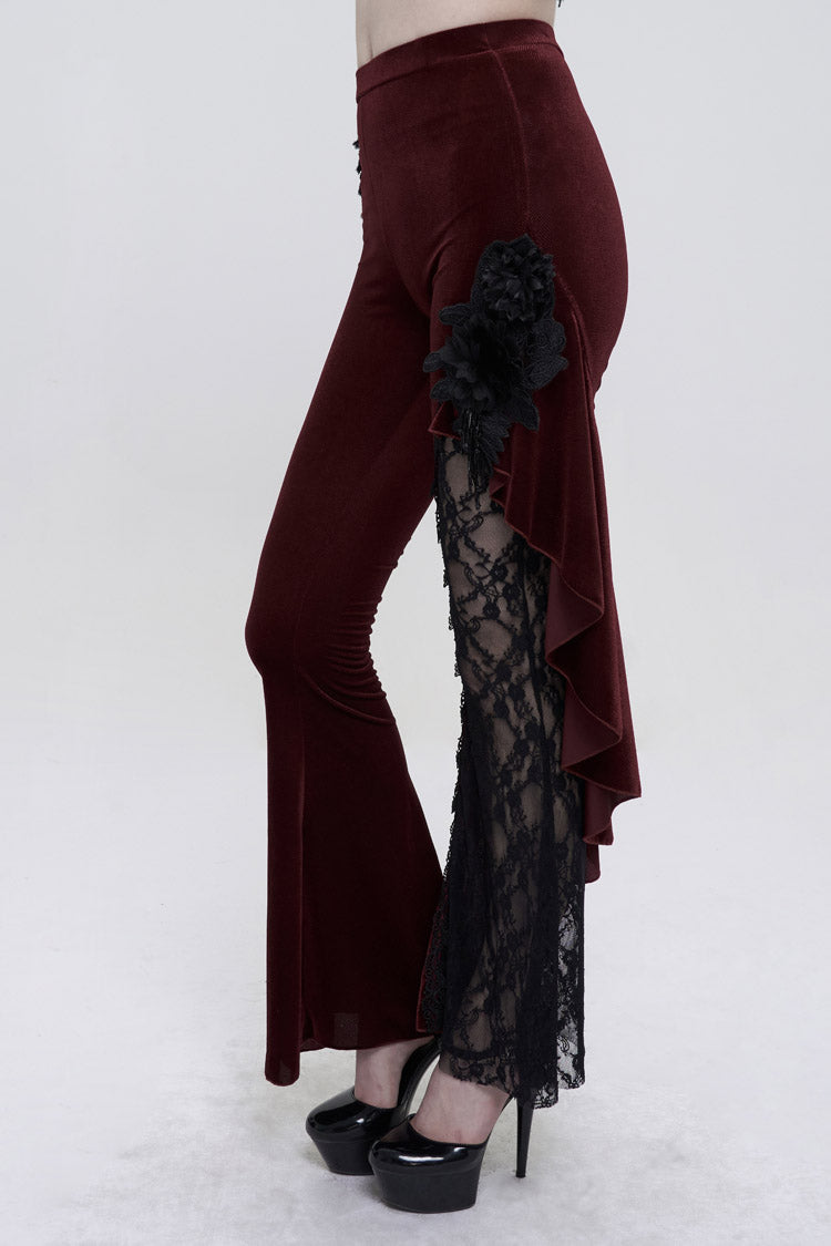 Velvet Single Side Stitching Rose Net Side Rope Flare Gothic Pants