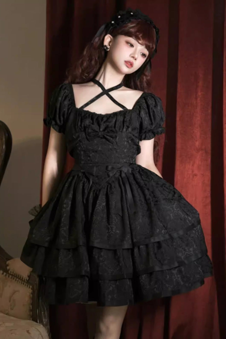 Black Short Sleeve Ruffle Bowknot Dress - Gothic Lolita
