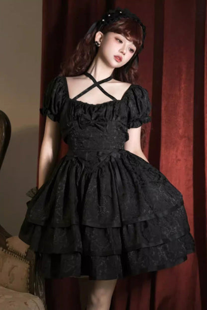 Black Short Sleeve Ruffle Bowknot Dress - Gothic Lolita