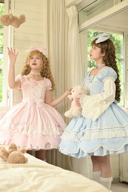 Square-Neck Cotton Dress with Double Ruffle Lace and Lacing