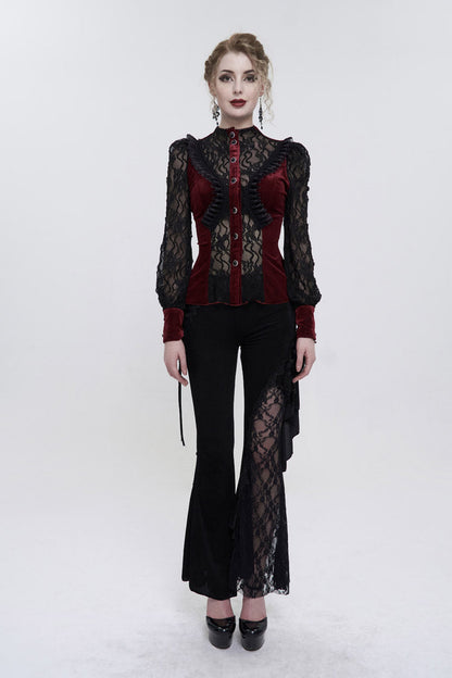 Velvet High Neck Lace Fake Bra Design Butterfly Mesh Gothic Shirt