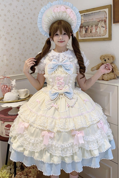 Fondant Cake Sleeveless Layered Ruffle Bow Lace Sweet Lolita JSK in Yellow Blue