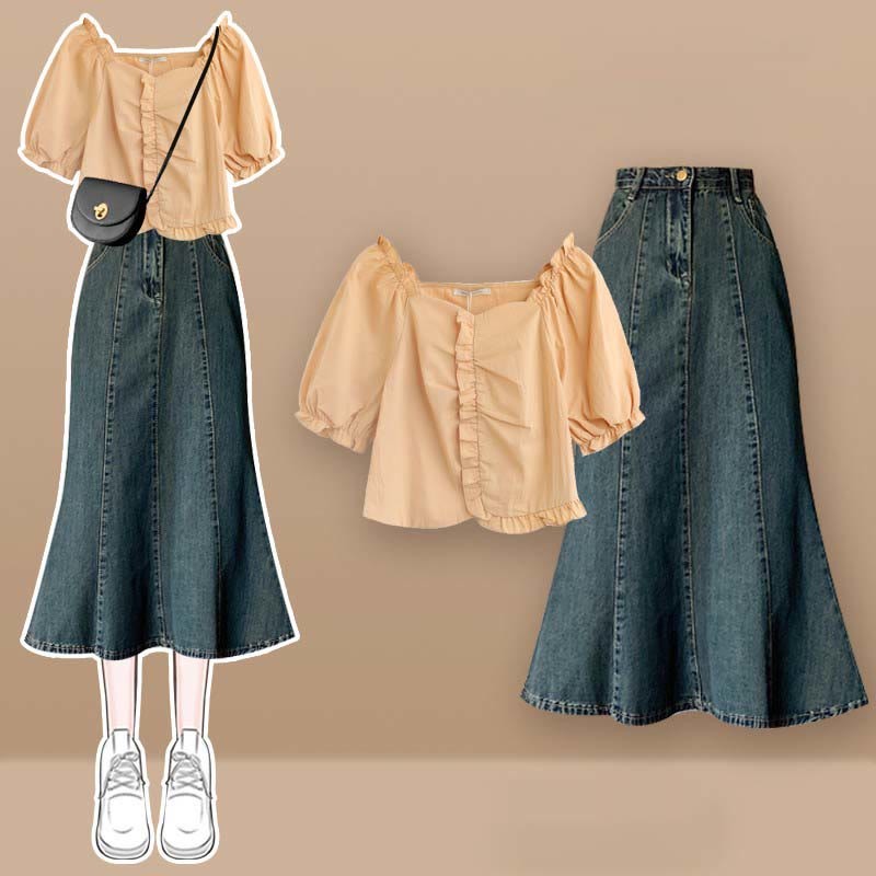 Crop Fishtail Set Tulle Top Bow Two Skirt T-Shirt Knot Denim Butterfly Pieces
