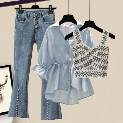 Tank Denim Flared Top Shirt Blue Drawstring Pants