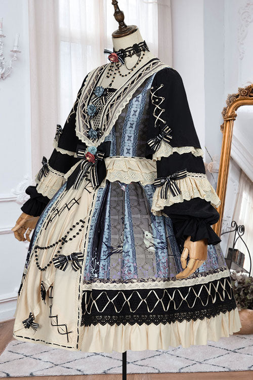 Mirror Finch Print Cardigan Ruffled Classic Lolita OP Dress