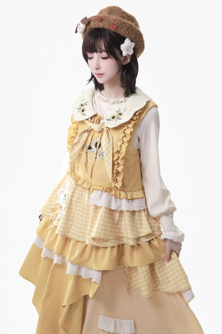 Orange Diary Layered Print Embroidered Bow Lace Asymmetric Sweet Lolita Jumper in Yellow