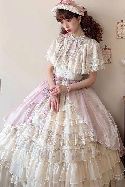 Bellflower Print Ruffled Lace Sweet Princess Gown