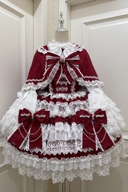 Wine Red Crossed Heart Knot Sleeveless Multi-Layered Ruffle Hanayome Cardigan Bow Lace Lace-Up Sweet Jsk Dress