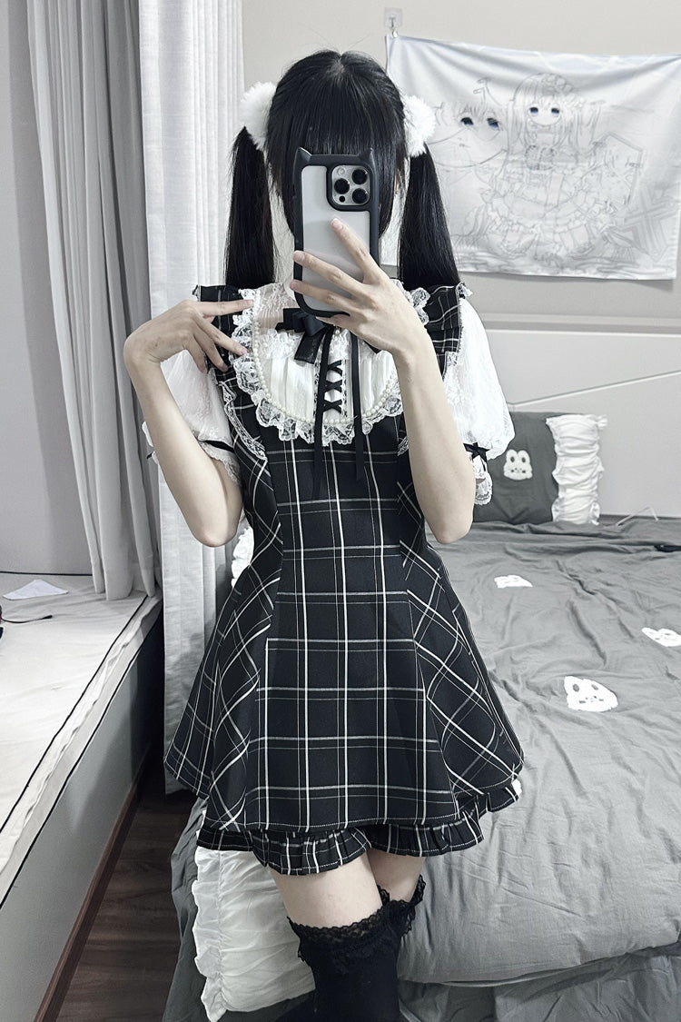 Print Bowknot Lace Gothic Jirai Kei Dress Set