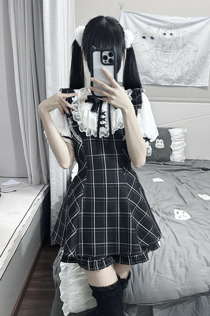 Print Bowknot Lace Gothic Jirai Kei Dress Set
