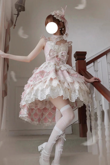 Rose Peacock Feather Tiered Ruffle Bride Cardigan Bow Lace Sweet Lolita JSK Set