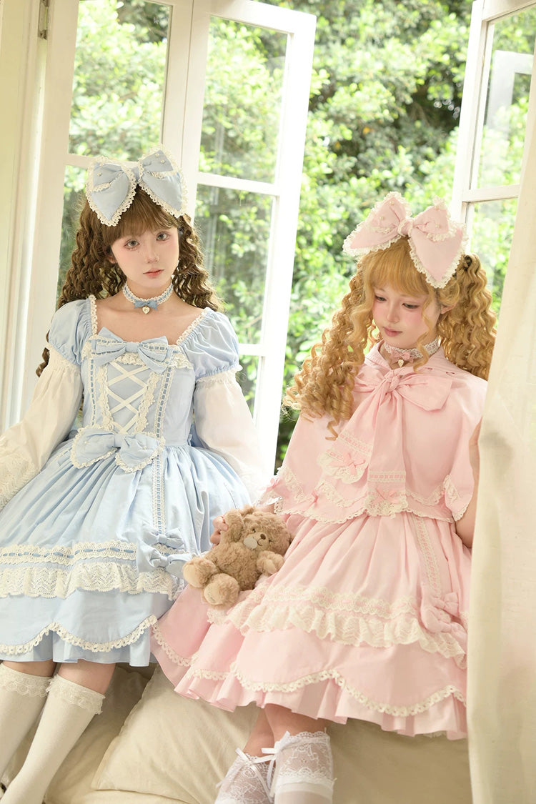 Square-Neck Cotton Dress with Double Ruffle Lace and Lacing