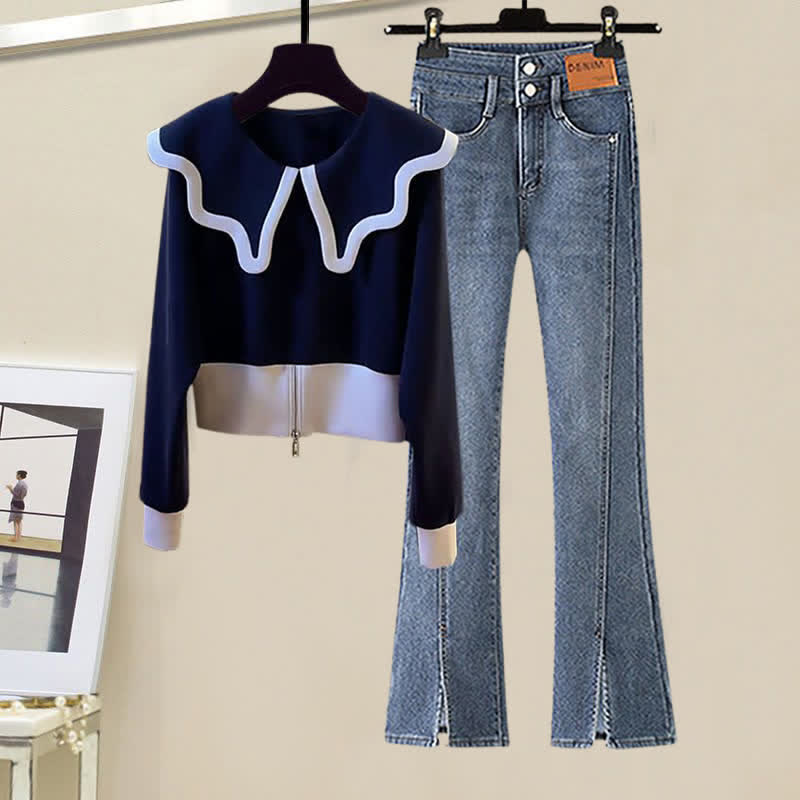 Sweater Sailor Denim Pants Collar Waist High