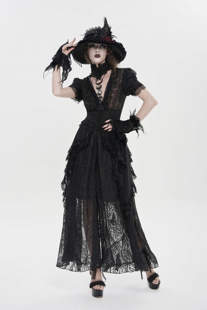 V Collar Short Sleeve Hanayome Lace Gothic Wedding Dress