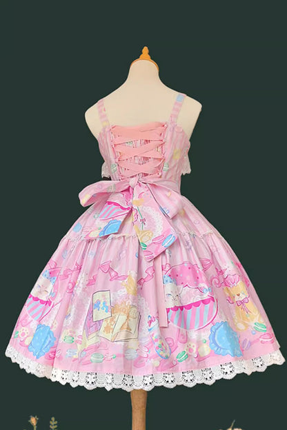 Pink Sleeveless Print Bow Sweet Lolita Jumper - Macaron Dolly House