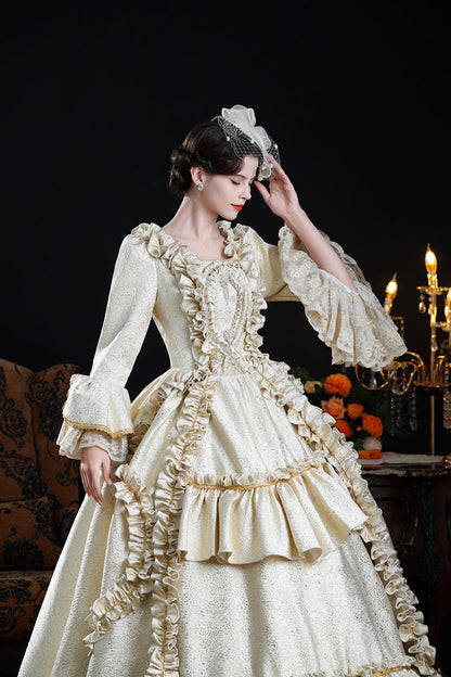 Classic Palace Dress with Square Collar & Trumpet Sleeves