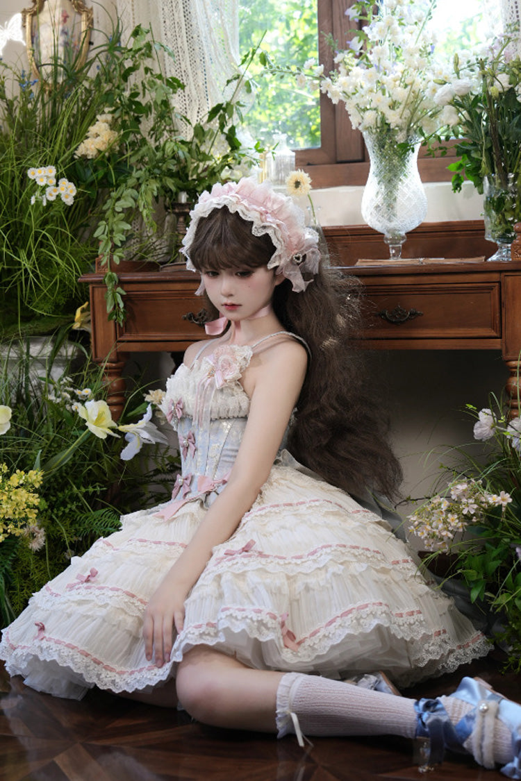 Blue Apricot Sea Salt Souffle Sleeveless Multi-Layer Bow Lace Sweet Ballet JSK Dress