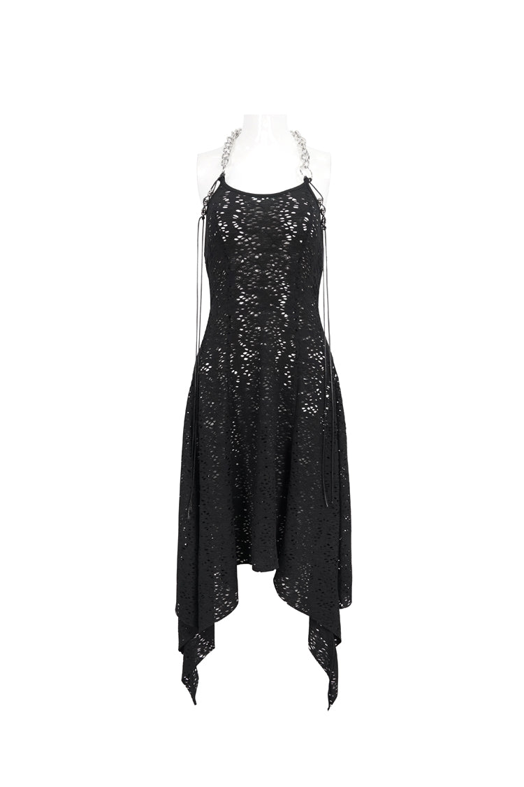 Wool Patterned Metal Chain Halter Backless Black Punk Dress