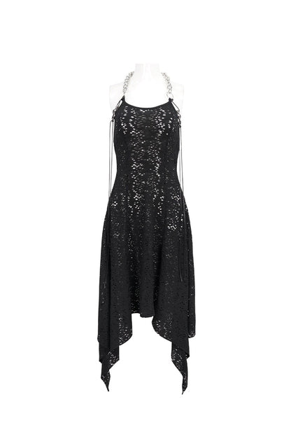 Wool Patterned Metal Chain Halter Backless Black Punk Dress