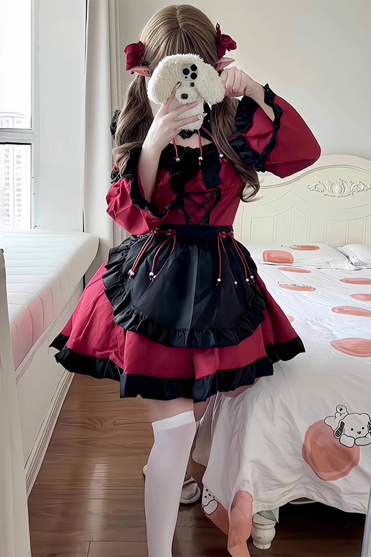 Black and Crimson Maid Long Sleeves Ruffle Bow Gothic Lolita Ensemble
