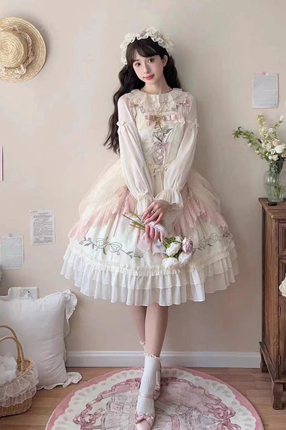 Summer Lily of The Valley Multi-layer Print Ruffle Embroidery Sweet Lolita Jsk Dress 2 Colors