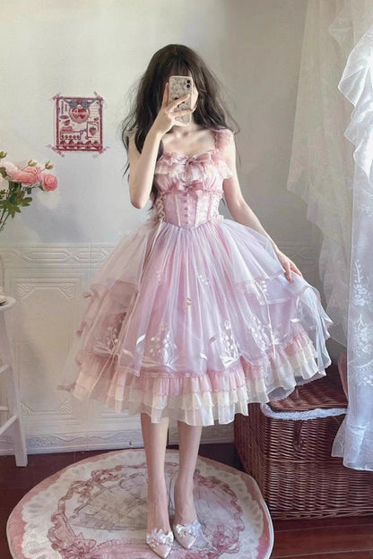 Rose Layered Ruffle Embroidered Bow Princess Lolita Jumper - Love Is Coming