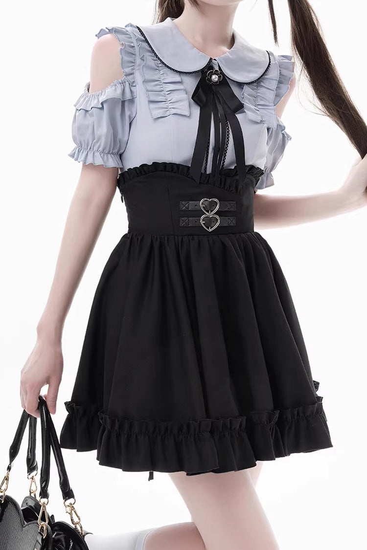 Black Blue Off-Shoulder Short Sleeve Ruffle Bow Set