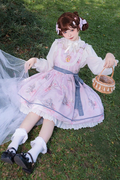 Rose Sleeveless Print Ruffle Bow Daily Sweet Lolita Strap Gown - Lily of the Valley Rabbit