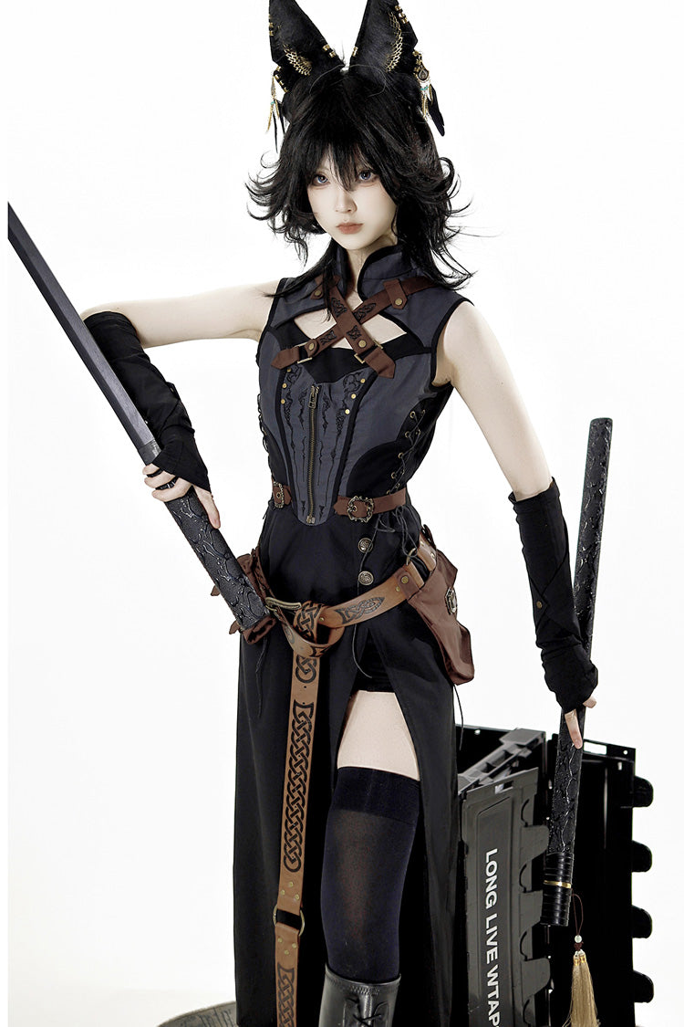 Ebony and Grey Phantom of the Night Sleeveless Lace Up Fashion Gothic Punk Lolita Dress