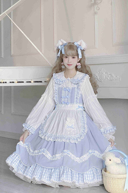 Blue JSK Dress Sweet Lolita Lapel Collar Bowknot Ruffled - Altfashion Shop
