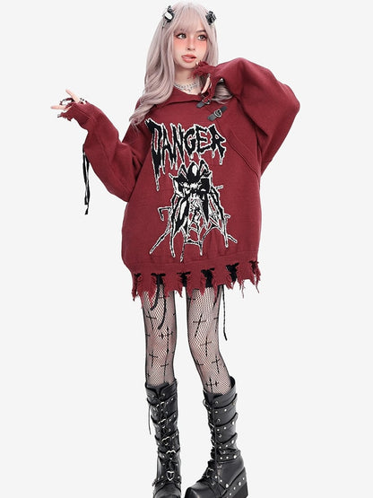 Y2K Dark Red Spider Pattern Distress Trim Loose Sweater Lace-up Detail Sleeves