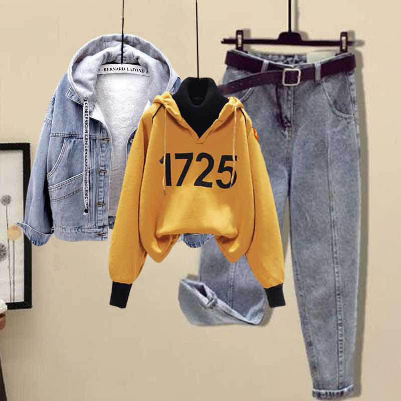 Fleece Hooded Denim Coat Number Print Plush Hoodie Pants Set