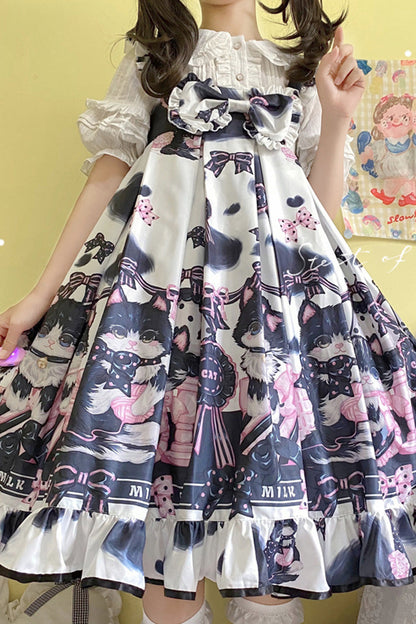 Cow Cat Print Ruffle Ribbon Sweet Lolita Jumper Dress